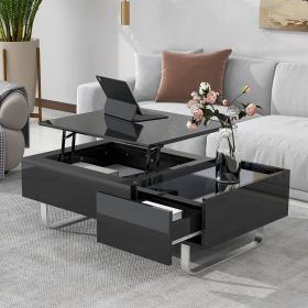 [VIDEO provided] ON-TREND Multi-functional Coffee Table with Lifted Tabletop, Contemporary Cocktail Table with Metal Frame Legs, High-gloss Surface Di