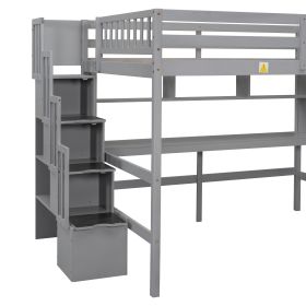 Full Size Loft Bed with Built-in Desk, Bookshelves and Storage Staircase,Grey(Old SKU:W504S00109)