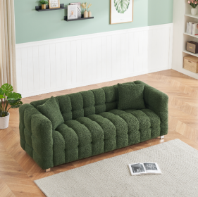 Green teddy fleece sofa 80 "discharge in living room bedroom with two throw pillows hardware foot support