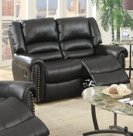 Plush Relax 1pc Manual Motion Loveseat Black Color Bonded Leather 2-Seat Couch Armrest Cushion Seating Living Room Furniture