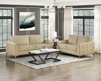 Elegant Modern Style 2pc Sofa Set Sand-Hued Polished Microfiber Upholstery Sofa Loveseat Set Solid Wood Living Room Furniture Silver Finish Metal Legs