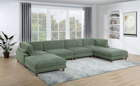 Contemporary Sage Color 6pc Modular Sectional Set Corduroy Upholstery Couch 2x Corner wedge, 2x Armless Chairs 2x Ottomans Living Room