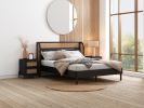 3 Pieces Modern Cannage Rattan Platform Queen Bed + Nightstand*2, Black