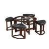 Cylina Solid Wood Glass Top Round Table Set, Coffee Table with 4 Stools