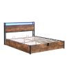 Lift-up Storage Bed Frame, Queen Size Bed Frame with Bookcase Headboard & LED Lights, Wooden Platform Bed Frame with Charging Station, No Spring Box N