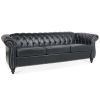 84.65" BLACK PU Rolled Arm Chesterfield Three Seater Sofa.