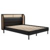 3 Pieces Modern Cannage Rattan Platform Queen Bed + Nightstand*2, Black