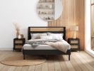 3 Pieces Modern Cannage Rattan Platform Queen Bed + Nightstand*2, Black