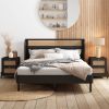 3 Pieces Modern Cannage Rattan Platform Queen Bed + Nightstand*2, Black