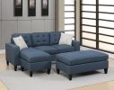 Reversible 3pc Sectional Sofa Set Navy Tufted Polyfiber Wood Legs Chaise Sofa Ottoman Pillows Cushion Couch