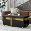 [VIDEO provided] ON-TREND Contemporary Coffee Table with Faux Marble Top, Rectangle Cocktail Table with Caster Wheels, Moderate Luxury Center Table wi