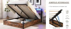 Lift-up Storage Bed Frame, Queen Size Bed Frame with Bookcase Headboard & LED Lights, Wooden Platform Bed Frame with Charging Station, No Spring Box N