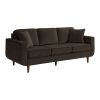 Mid-Century Modern Chocolate Hue Velvet Upholstered 1pc Sofa with 2 Pillows Classic Living Room Furniture Solid Wood