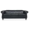 84.65" BLACK PU Rolled Arm Chesterfield Three Seater Sofa.