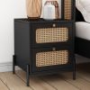 3 Pieces Modern Cannage Rattan Platform Queen Bed + Nightstand*2, Black