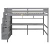 Full Size Loft Bed with Built-in Desk, Bookshelves and Storage Staircase,Grey(Old SKU:W504S00109)