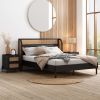 3 Pieces Modern Cannage Rattan Platform Queen Bed + Nightstand*2, Black