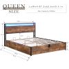 Lift-up Storage Bed Frame, Queen Size Bed Frame with Bookcase Headboard & LED Lights, Wooden Platform Bed Frame with Charging Station, No Spring Box N