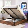 Lift-up Storage Bed Frame, Queen Size Bed Frame with Bookcase Headboard & LED Lights, Wooden Platform Bed Frame with Charging Station, No Spring Box N