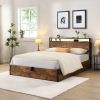 Lift-up Storage Bed Frame, Queen Size Bed Frame with Bookcase Headboard & LED Lights, Wooden Platform Bed Frame with Charging Station, No Spring Box N