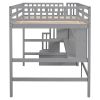 Full Size Loft Bed with Built-in Desk, Bookshelves and Storage Staircase,Grey(Old SKU:W504S00109)