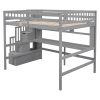 Full Size Loft Bed with Built-in Desk, Bookshelves and Storage Staircase,Grey(Old SKU:W504S00109)