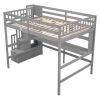 Full Size Loft Bed with Built-in Desk, Bookshelves and Storage Staircase,Grey(Old SKU:W504S00109)