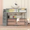 Full Size Loft Bed with Built-in Desk, Bookshelves and Storage Staircase,Grey(Old SKU:W504S00109)