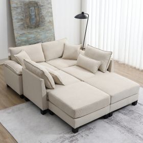 [VIDEO provided][New]Wide Seat Corduroy Modular Sectional Sofa Bed,Sleeper Couch Set with Armrest Pillow,6 Seat Free Combination Sofa with Ottomans,Ov (Color: as Pic)