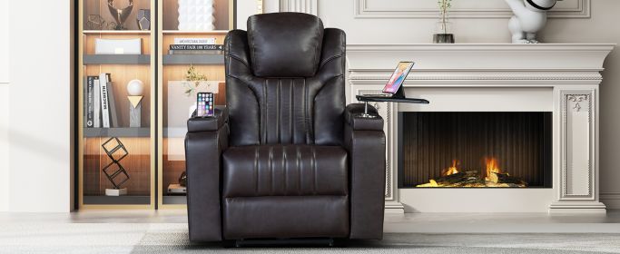 PU Leather Power Recliner Home Theater Recliner with Power Adjustable Headrest, Wireless Charging Device, USB Port, Storage Arms, Cup Holder and Swive (Color: as Pic)