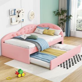 Twin Size PU Upholstered Tufted Daybed with Trundle and Cloud Shaped Guardrail (Color: Pink)