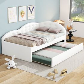 Twin Size PU Upholstered Tufted Daybed with Trundle and Cloud Shaped Guardrail (Color: White)