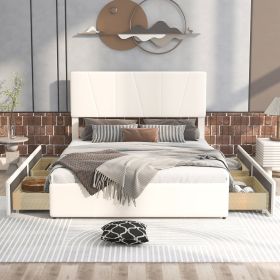 Queen Size Upholstery Platform Bed with Four Drawers on Two Sides, Adjustable Headboard (Color: Beige)