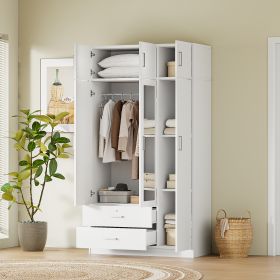 3-Door Mirror Wardrobe with 2 Drawers and Top Cabinet (Color: White)