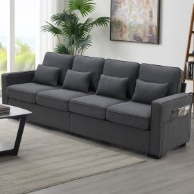 [VIDEO provided] [New] 104" 4-Seater Modern Linen Fabric Sofa with Armrest Pockets and 4 Pillows,Minimalist Style Couch for Living Room, Apartment, Of (Color: as Pic)