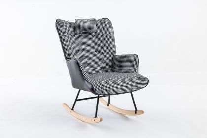 35.5 inch Rocking Chair, Soft Houndstooth Fabric Leather Fabric Rocking Chair for Nursery, Comfy Wingback Glider Rocker with Safe Solid Wood Base for (Color: Black, Material: Cotton Linen)