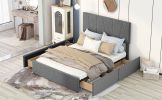 Queen Size Upholstery Platform Bed with Four Drawers on Two Sides, Adjustable Headboard